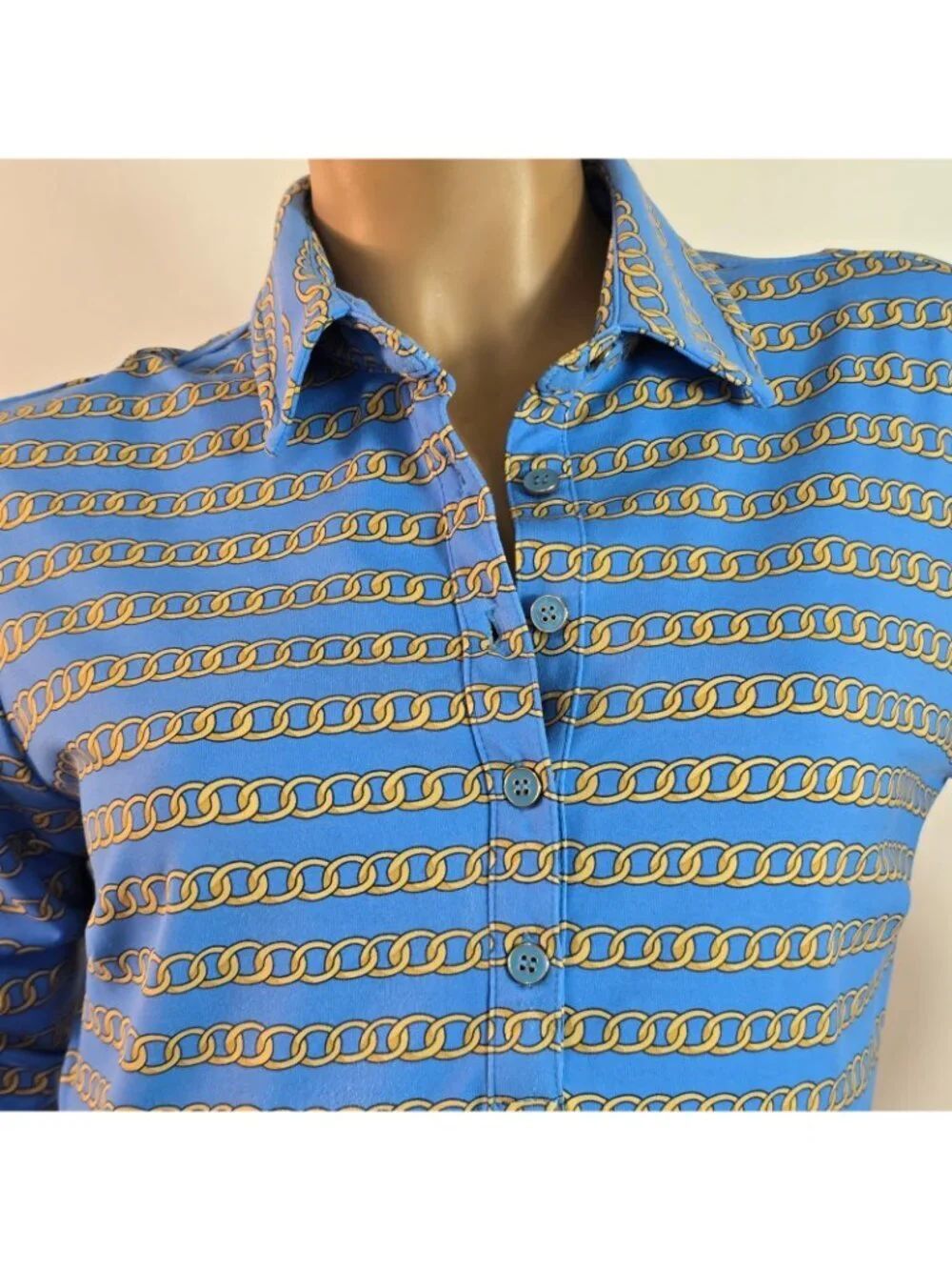 J McLaughlin Sportswear Blue Top Gold Interlocking Chains Size M Catalina Cloth - Picture 2 of 11